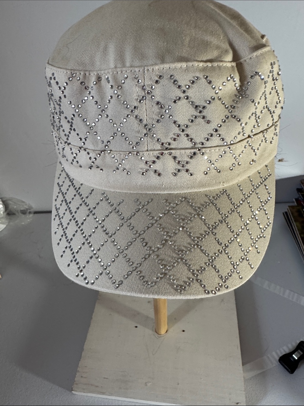 Women's Cream Rhinestone Lattice Cap